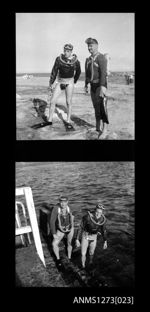 Two black-and-white negatives, joined together, each of two men (one of whom is Denis George) wearing scuba diving gear