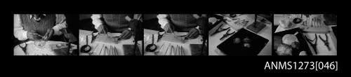 Strip of black-and-white negatives, consisting of five images, of Denis George demonstrating the pearl seeding process