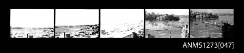 Strip of black-and-white negatives, consisting of five images, of views of Sydney's landscape from Denis George's flat