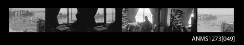 Strip of black-and-white negatives, consisting of six images of views from Denis George's flat, as well as photographs of the inside of the flat, with Denis George in two of the photographs