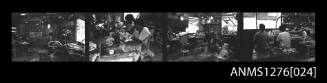 Four black-and-white negatives, joined together, of people working in a workshop on Pearl Island