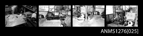 Four black-and-white negatives, joined together, the first of person working at a table in a workshop, and the other three of tools and equipment inside the workshop