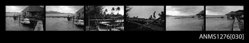 Six black-and-white negatives, joined together, of a room built over the water next to a wharf, and men standing on the wooden beams of a building under construction