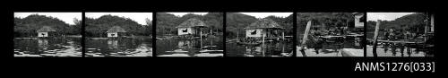 Six black-and-white negatives, joined together, the first four of a small building, attached to a pearl raft, over the water, and the final two of people collecting pearl cages on the raft