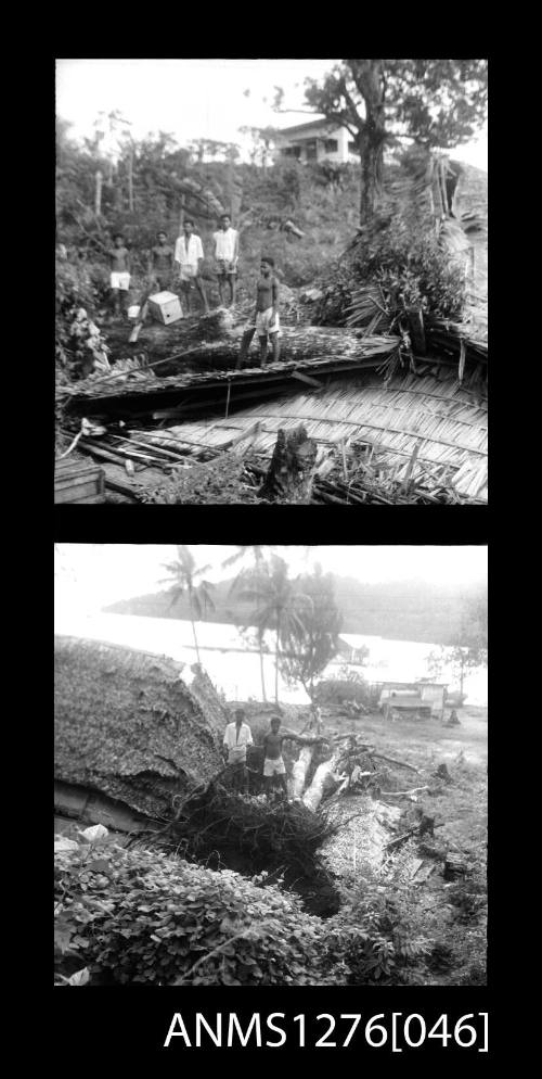 Two black-and-white negatives, joined together, possibly of people working in bushland on Pearl Island