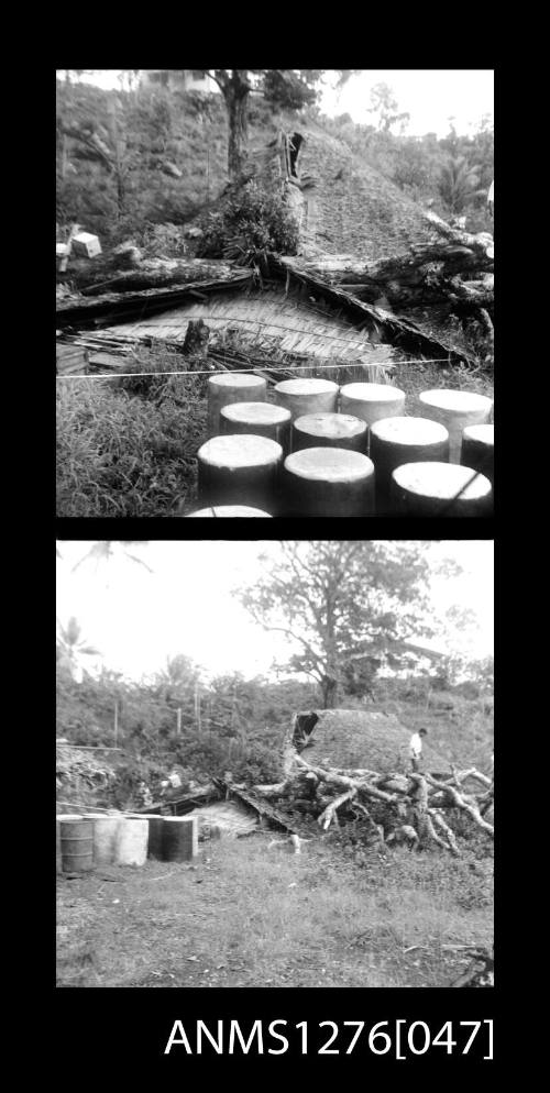 Two black-and-white negatives, joined together, of metal containers in bushland on Pearl Island