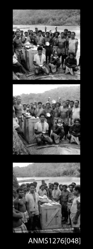 Three images, of school children holding pearl shells on Pearl Island