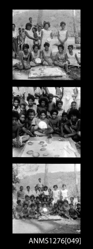 Three images, of school children holding and viewing pearl shells on Pearl Island