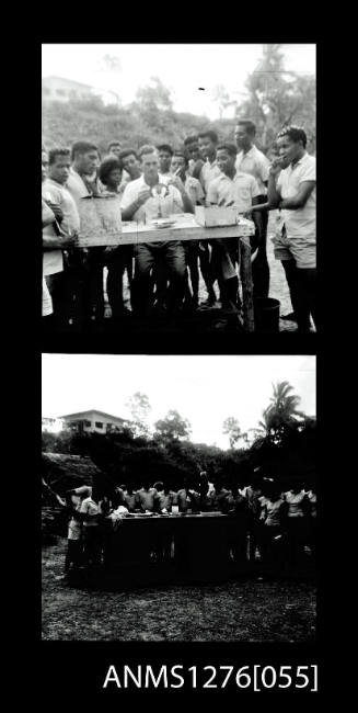 Two black-and-white negatives, joined together, of children standing around tables, looking at a person seeding a pearl in the first photo, on Pearl Island