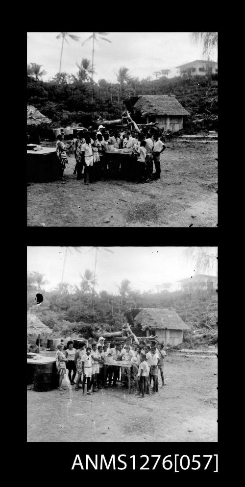 Two black-and-white negatives, joined together, of school children standing in a group around a small table on Pearl Island