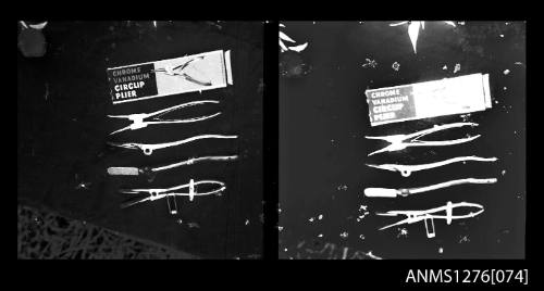 Two black-and-white negatives, joined together, of different shaped pliers, on Pearl Island