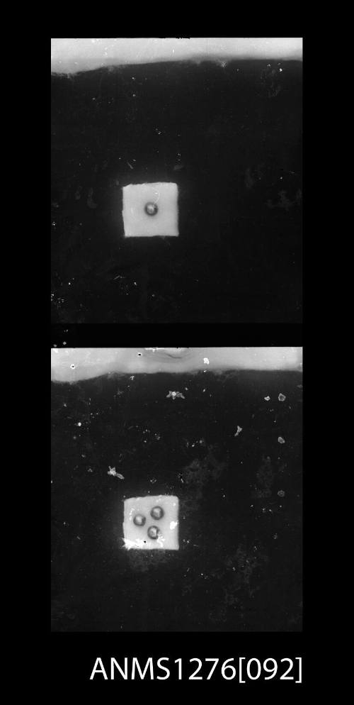 Two black-and-white negatives, joined together, the first of one half pearl (or mabe pearl) on a display cushion, and the second is of three half pearls on a display cushion, on Pearl Island