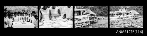 Strip of four black-and-white negatives, the first two of people standing around a table with pearl shells on it, and the last two of people boarding the boat POSEIDON