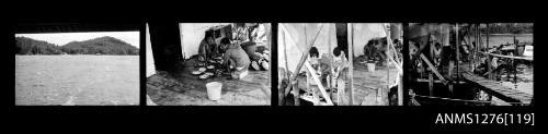 Strip of four black-and-white negatives, the first image of water and land, and the other three of people cleaning pearl shells on a pearl raft