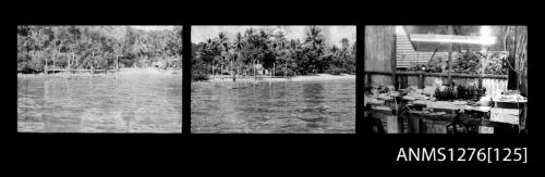 Strip of three black-and-white negatives, the first two of a pearl raft being constructed over the water, close to land, and the third of equipment inside a shed or workshop