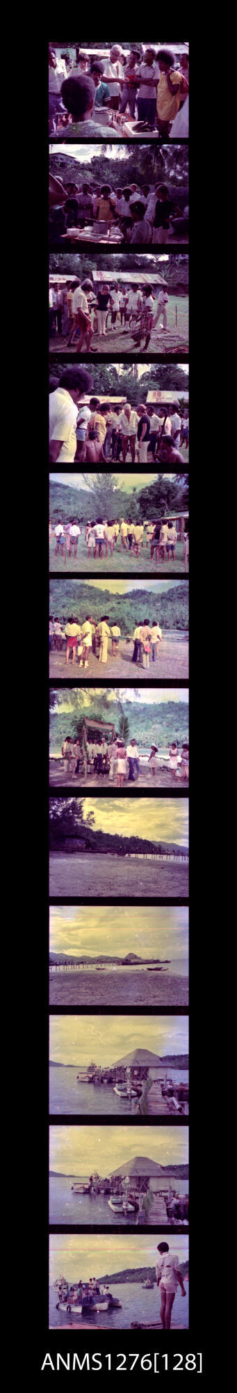 Strip of twelve negatives of people watching pearling and diving demonstrations, a jetty and boat, and a pearl raft