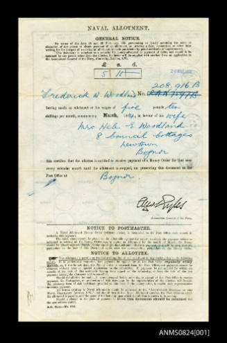 Naval allotment General Notice for the allotment of Frederick Woodland's wages