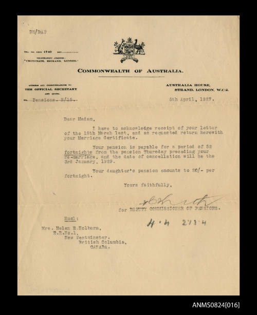 LETTER.  DEPUTY COMMISSIONER OF PENSIONS.  LETTER TO MRS. WOODLAND.   LONDON, UK.  1927.  INK ON PAPER.   LETTER DATED "6th April,1927."   BLACK TYPEPRINT ON CREAM PAPER.  BLACK INK HANDWRITTEN SIGNATURE.  LETTER TO MRS. HOLBURN (NEE WOODLAND) FROM  AUSTR