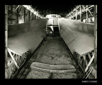 Print depicting Interior of large boat shed Caloundra boat yard, Queensland, Australia,