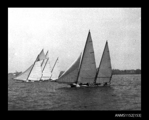 The port side views of three twin masted sailing canoes