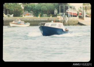 Coloured print depicting Fleetwood 17 half cabin power boat at speed