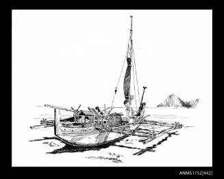 Silver gelatin print of black and white line drawing of a twin outrigger canoe with single mast and furled sail