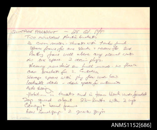 WHITE PAPER HANDWRITTEN LISTS [2].  ANDREWS, GRAEME.  TWO SHEETS OF RULED PAPER.  [I] HANDWRITTEN LIST ON RULED WHITE PAPER, PAGE TITLED "QUINTREX FISHABOUT - 25 EV. P/T/" FOLLOWED BY EQUIPMENT LISTING. CONDITION: BASICALLY SOUND. H: 160mm, W: 200mm. [II]