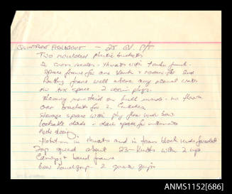 WHITE PAPER HANDWRITTEN LISTS [2].  ANDREWS, GRAEME.  TWO SHEETS OF RULED PAPER.  [I] HANDWRITTEN LIST ON RULED WHITE PAPER, PAGE TITLED "QUINTREX FISHABOUT - 25 EV. P/T/" FOLLOWED BY EQUIPMENT LISTING. CONDITION: BASICALLY SOUND. H: 160mm, W: 200mm. [II]