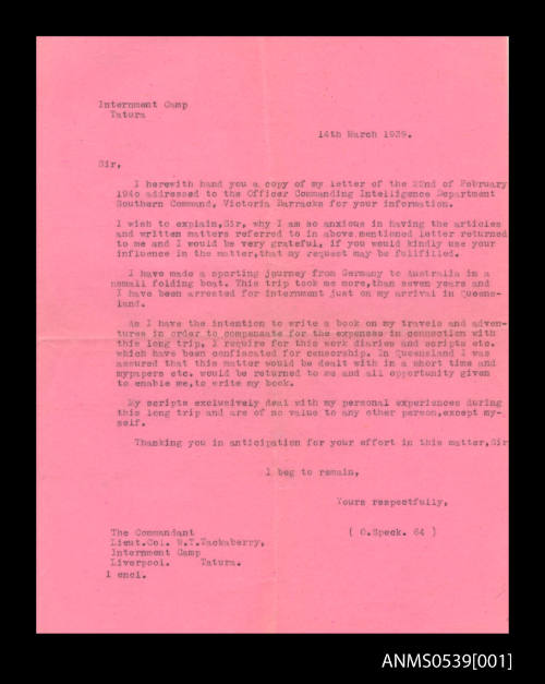 Letter from Oskar Speck to Lieutenant Colonel WT Tackaberry