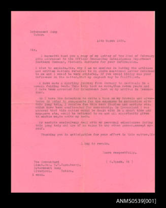 Letter from Oskar Speck to Lieutenant Colonel WT Tackaberry