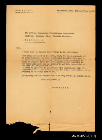 Letter from Oskar Speck to the Officer Commanding Intelligence Department, Southern Command, Victoria Barracks