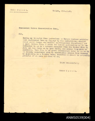 Letter from Oskar Speck to the Commandant German Interment Camp Tatura, Victoria