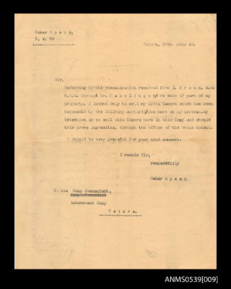 Letter from Oskar Speck to the Internment Camp, and Tatura, Victoria