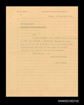 Letter from Oskar Speck to the Internment Camp Dhurringile, Tatura, Victoria