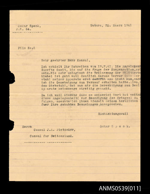 Letter from Oskar Speck to JA Pietzcker, Consul for Switzerland, Internment Camp, Tatura, Victoria