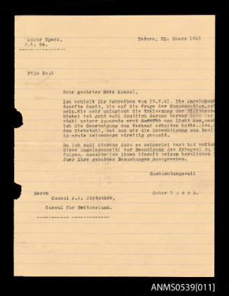 Letter from Oskar Speck to JA Pietzcker, Consul for Switzerland, Internment Camp, Tatura, Victoria