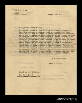 Letter from Oskar Speck to JA Pietzcker, Swiss Consul, Internment Camp, Tatura, Victoria