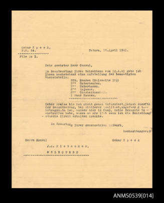 Letter from Oskar Speck to JA Pietzcker, Swiss Consul, Internment Camp, Tatura, Victoria