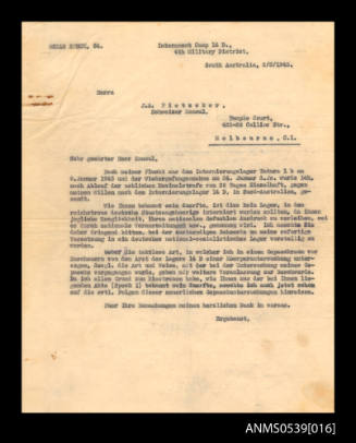 Letter from Oskar Speck, Internment Camp South Australia, to JA Pietzcker, Swiss Consul