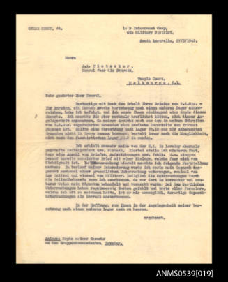 Letter from Oskar Speck to JA Pietzcker, Consul of Switzerland, South Australia