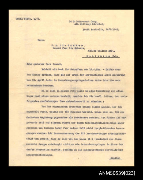 Letter from Oskar Speck to JA Pietzcker, Consul of Switzerland