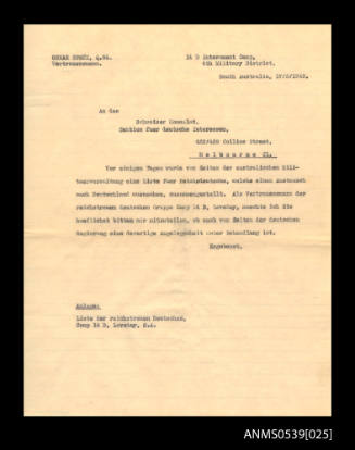 Letter to JA Pietzcker, Consul for Switzerland from Oskar Speck