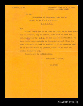 Letter from Oskar Speck to the Commandant of Internment Camp no.1, Major HC Schrader