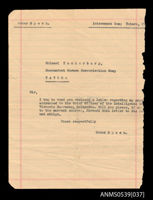 Letter from Oskar Speck to Colonel Tackerbury, Commandant German Iinternment camp