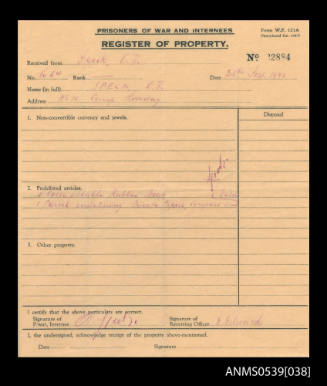 Prisoners Of War and Internees register of property receipt, Camp Loveday, Australia