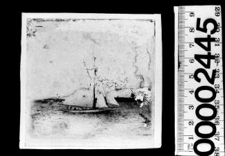 Badly damaged image of a white-hulled cutter under sail on Sydney Harbour