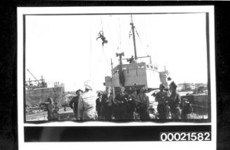 Sailors and ship workers watching a monkey