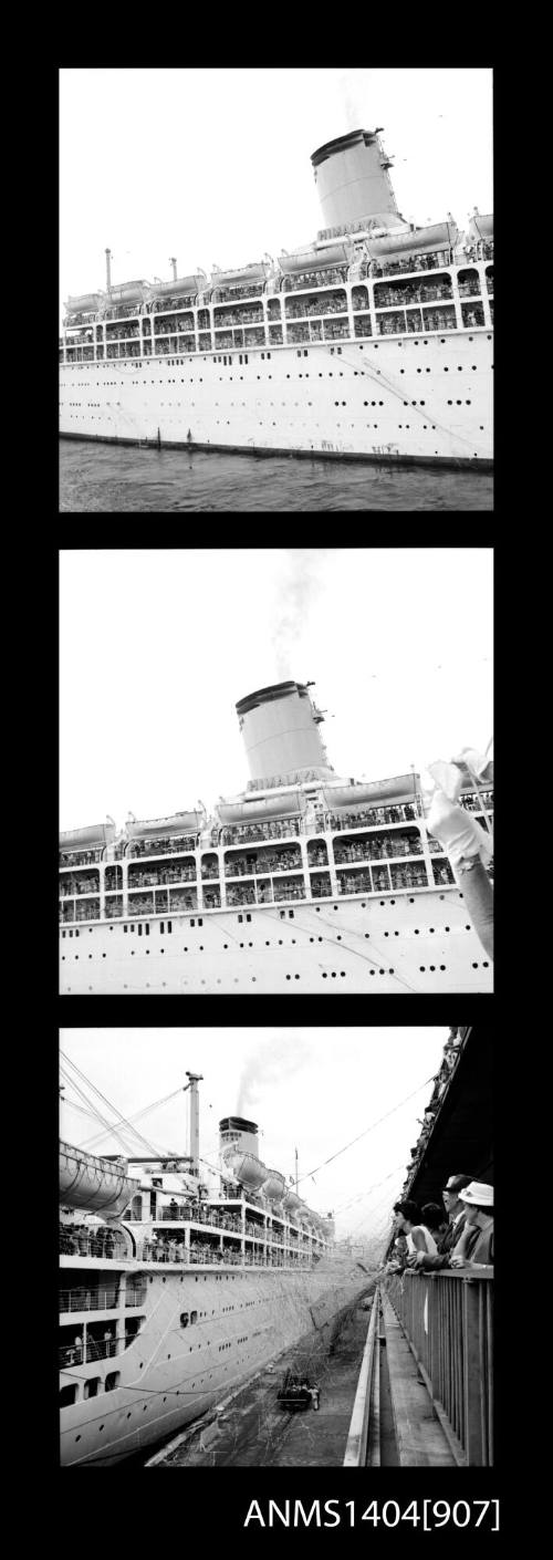 Photographic negative with three frames depicting the passenger liner HIMALAYA in port