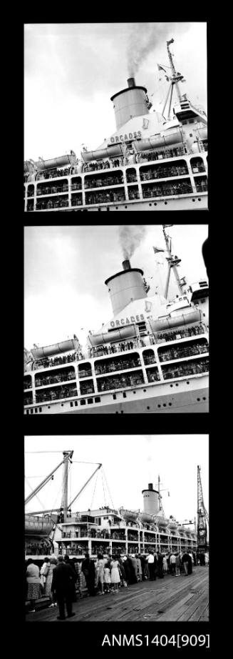 Photographic negative with three frames depicting the passenger liner ORCADES in port