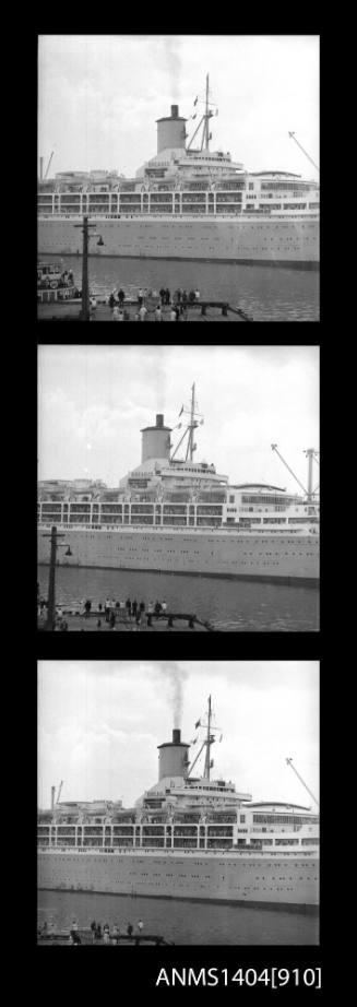 Photographic negative with three frames depicting the passenger liner ORCADES in port